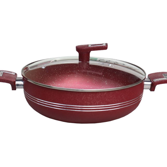 nonstick wok - karahi with glass lid maroon colour with stylish knob at sale price from best cookware brand in Pakistan