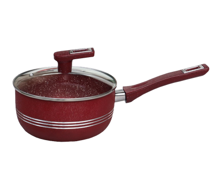 non stick marble coated sauce pan with glass lid with strong long handle maroon colour with stylish knob from Pakistan best cookware brand cooknex 