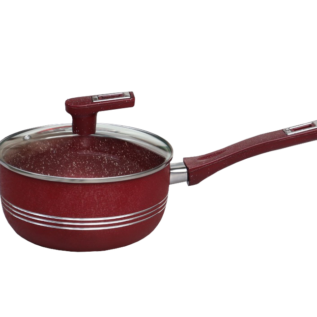 non stick marble coated sauce pan with glass lid with strong long handle maroon colour with stylish knob from Pakistan best cookware brand cooknex 