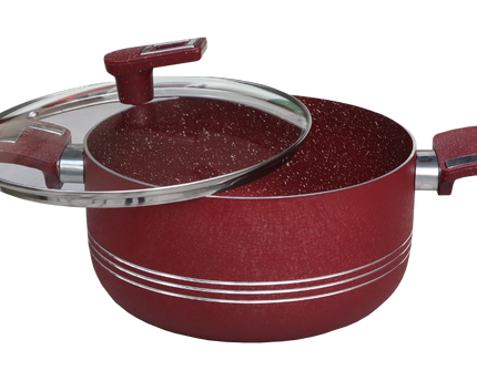 non stick marble coated casserole with glass lid with strong long handle maroon colour with stylish knob from Pakistan best cookware brand cooknex 