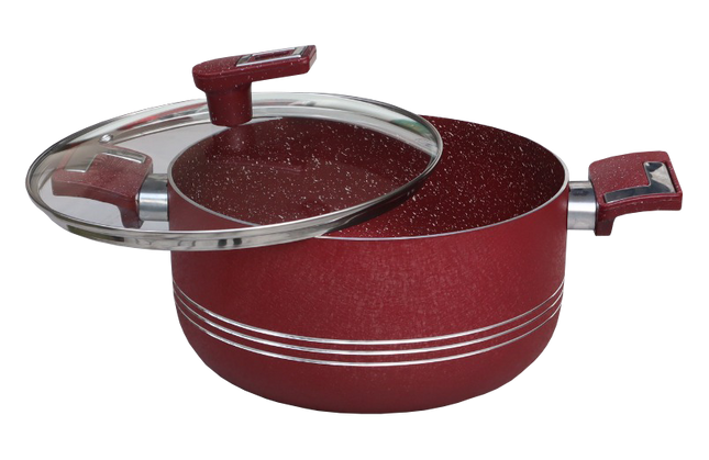 non stick marble coated casserole with glass lid with strong long handle maroon colour with stylish knob from Pakistan best cookware brand cooknex 
