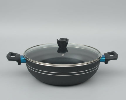 best quality nonstick wok / karahi with glass lid groosed nonstick cookware at best price from cooknex - best cookware brand with huge range of nonstick and aluminum cookware