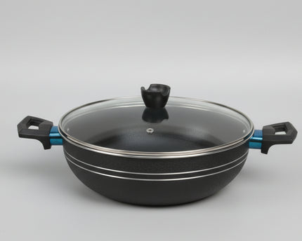 best quality nonstick wok / karahi with glass lid groosed nonstick cookware at best price from cooknex - best cookware brand with huge range of nonstick and aluminum cookware