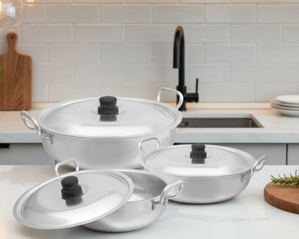 silver steel 3 pcs karahi set / wok cooking pot with lid - cooknex