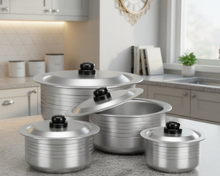 4 pcs metal finish groosed anodized cookware set with lid at best price in Pakistan from best cookware brand - cooknex