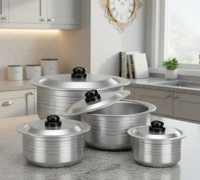 4 pcs metal finish groosed anodized cookware set with lid at best price in Pakistan from best cookware brand - cooknex