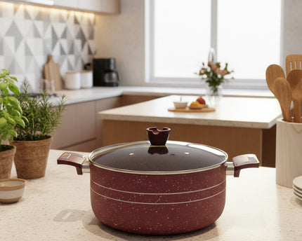 nonstick cookware / marble coating casseerole cooking pot with glass lid maroon color by cooknex.pk
