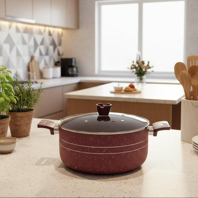 nonstick cookware / marble coating casseerole cooking pot with glass lid maroon color by cooknex.pk