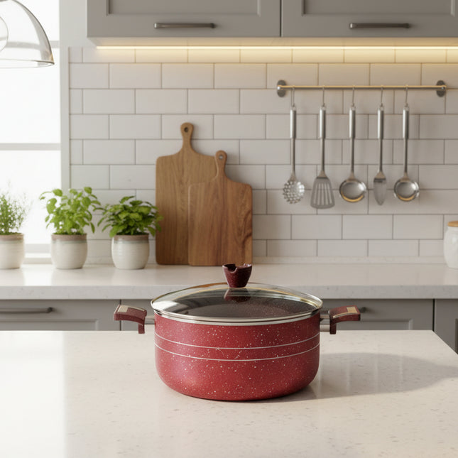 nonstick cookware / marble coating casseerole cooking pot with glass lid maroon color by cooknex