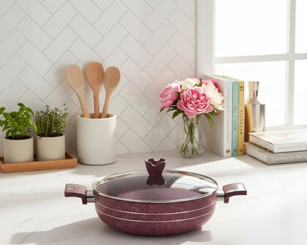nonstick marble coating wok / karahi with glass lid at best price from best cookware brand in Pakistan - cooknex