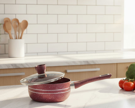 nonstick marble coating sauce pan with glass lid - best quality milk boiler - tea maker at cooknex