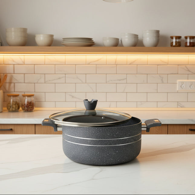 nonstick casserole  marble coating cooking pan with glass lid - cooknex.pk