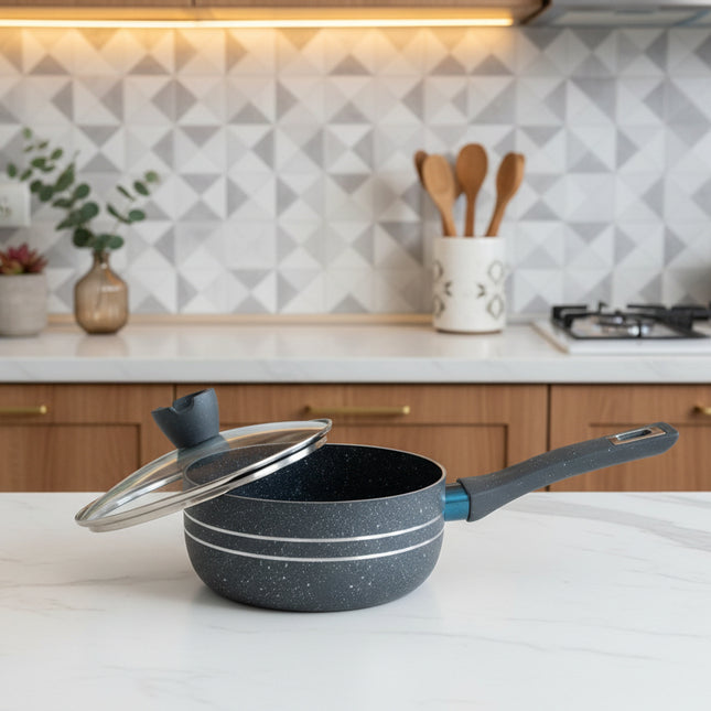 nonstick milk pan / sauce pan with glass lid grey color stylish bakelite handle - cooknex.pk