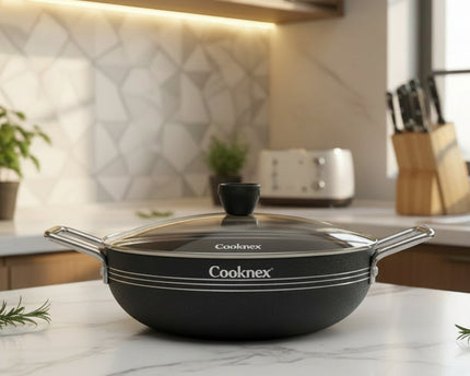 best quality nonstick marble coating wok / karahi with glass lid at best price in Pakistan from best cookware brand Cooknex cookware