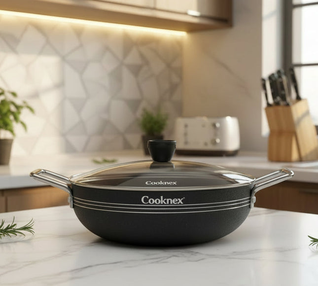 best quality nonstick marble coating wok / karahi with glass lid at best price in Pakistan from best cookware brand Cooknex cookware