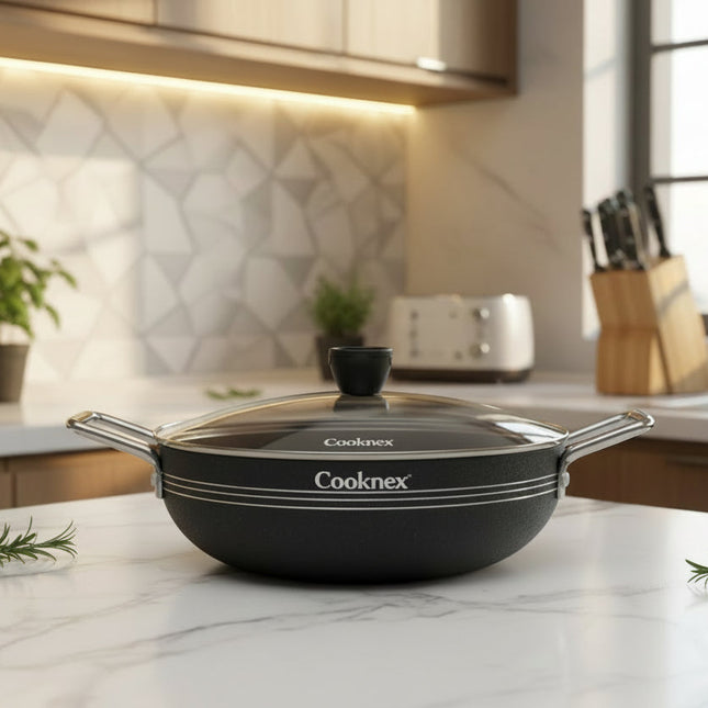 best quality nonstick marble coating wok / karahi with glass lid at best price in Pakistan from best cookware brand Cooknex cookware
