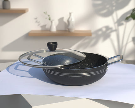 nonstick marble coated wok / karahi with glass lid at best price in pakistan from best cookware brand-cooknex.pk