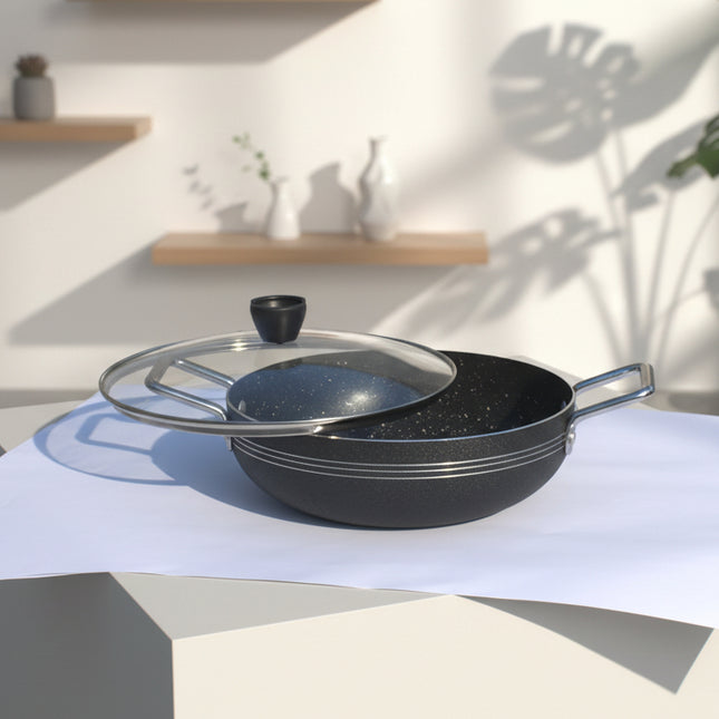 nonstick marble coated wok / karahi with glass lid at best price in pakistan from best cookware brand-cooknex.pk