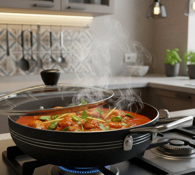 nonstick marble coated wok / karahi with glass lid at best price in pakistan from best cookware brand-cooknex.pk