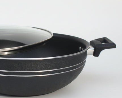 best quality nonstick wok / karahi with glass lid groosed nonstick cookware at best price from cooknex - best cookware brand with huge range of nonstick and aluminum cookware