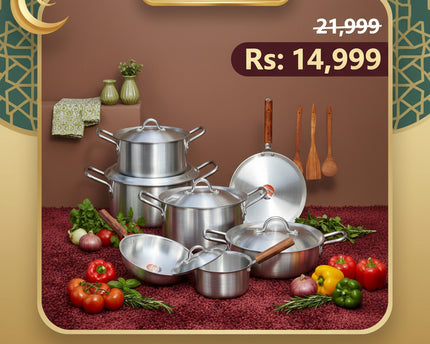 metal finish complete cooking set - best quality silver steel cookware and kitchenware gift set budget friendly only at cooknex.pk