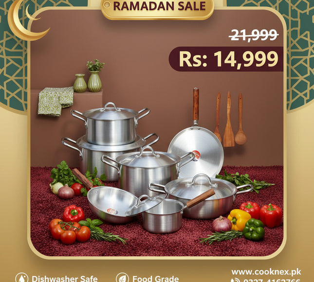 metal finish complete cooking set - best quality silver steel cookware and kitchenware gift set budget friendly only at cooknex.pk