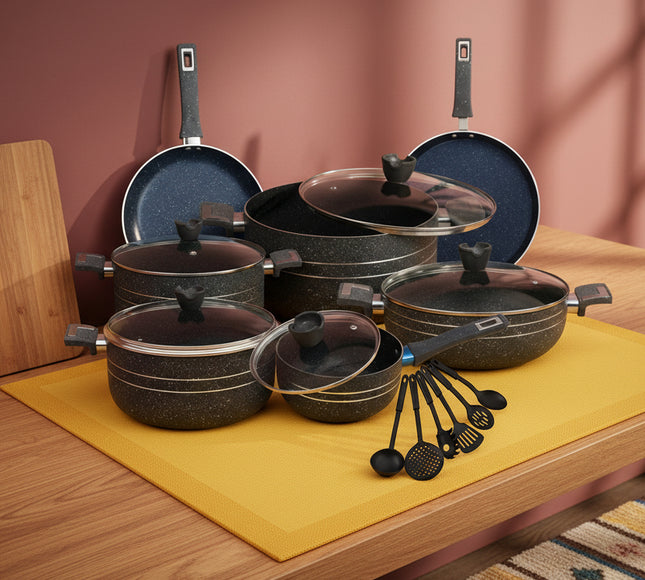 best quality nonstick cookware / nonstick marble coating gift set 18 pcs at best price in Pakistan - cooknex.pk