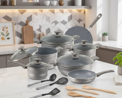 super national nonstick cookware, nonstick marble coating grey gift set by cooknex. best cookware brand in Pakistan