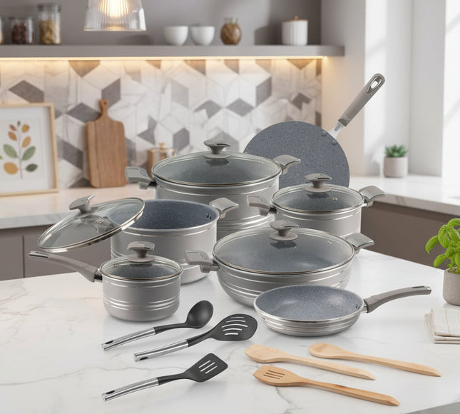 super national nonstick cookware, nonstick marble coating grey gift set by cooknex. best cookware brand in Pakistan