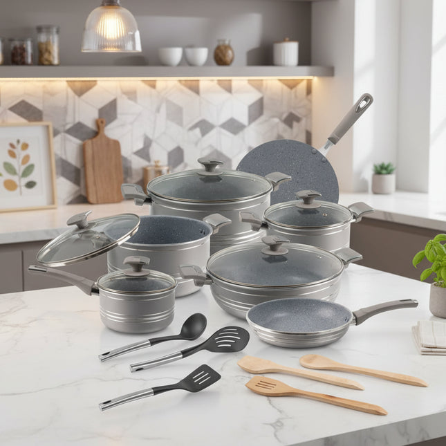 super national nonstick cookware, nonstick marble coating grey gift set by cooknex. best cookware brand in Pakistan