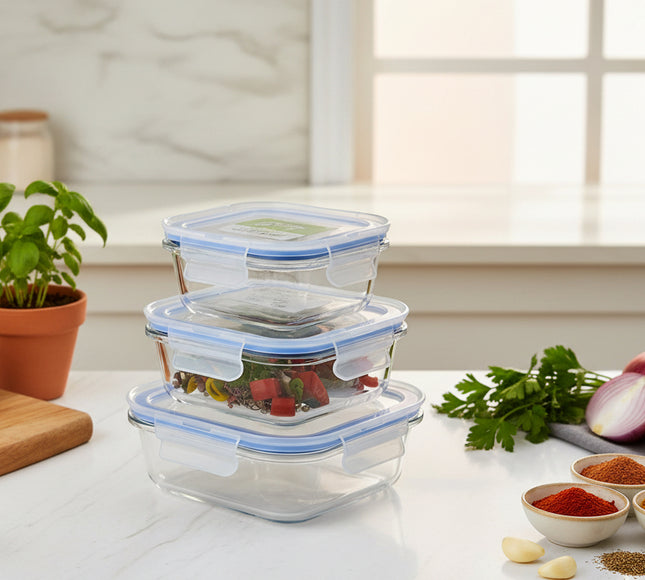 3 Pcs Food Container Multipurpose Storage Container - Square Shape made with glass and plastic lids at best brand Cooknex
