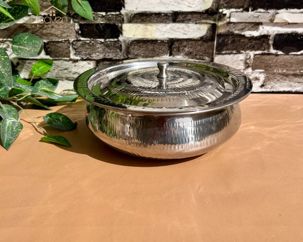 stainless steel mathar serving handi-hammered serving pot / handi with lid - serve in restaurant style buy from cooknex 