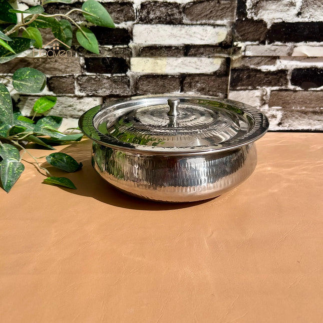 stainless steel mathar serving handi-hammered serving pot / handi with lid - serve in restaurant style buy from cooknex 