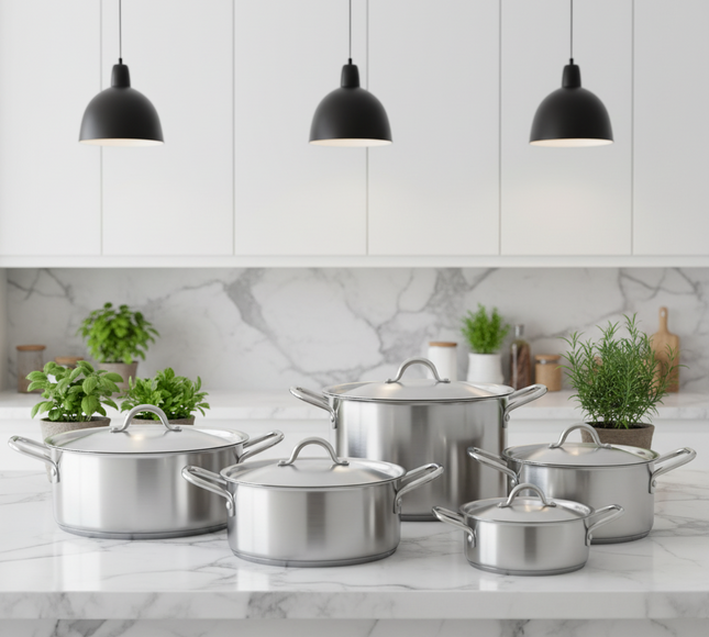 silver steel cooking pot set. 5 pcs aluminium casserole set at best price in Pakistan
