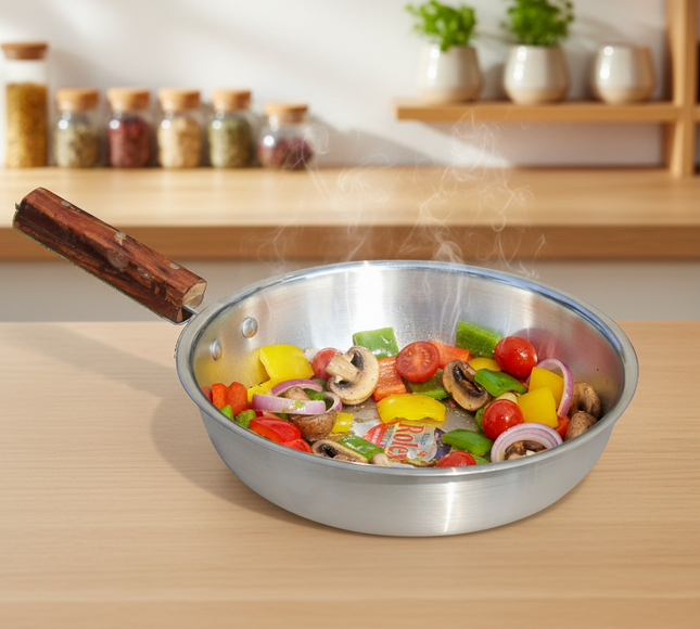 Aluminum Frying Pan With Wooden Strong Grip Handle - 22 cm Light Weight
