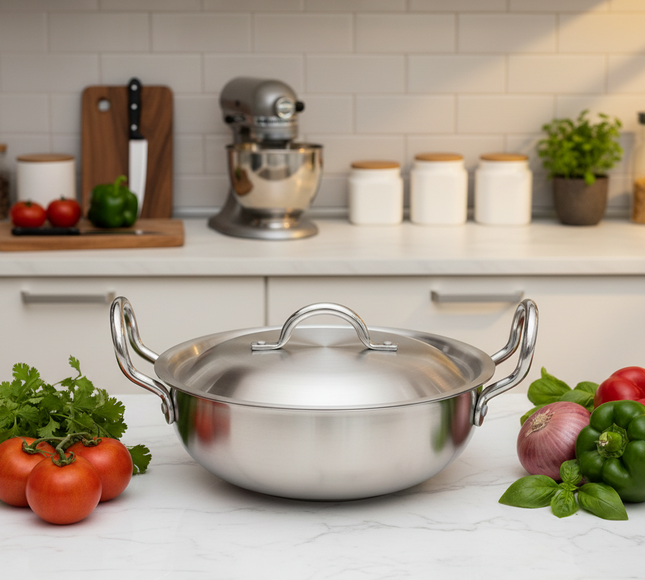 Aluminum Wok / Karahi With Lid And Stylish Handles - 22 cm