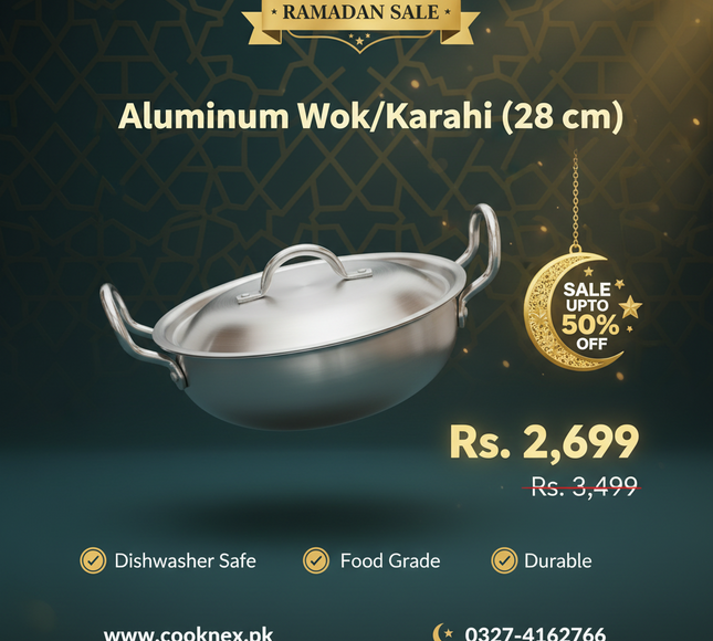 aluminum karahi / wok with lid from cooknex at sale price- best silver steel karahi with lid 