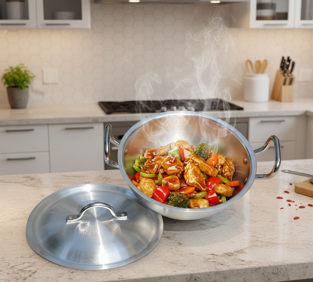 silver steel kadahi with lid small, medium and large karahi available at cooknex.pk with free shipping from best cookware brand , Make your favourite chicken karahi, mutton karahi and beaf karahi  in quality product by cooknex.