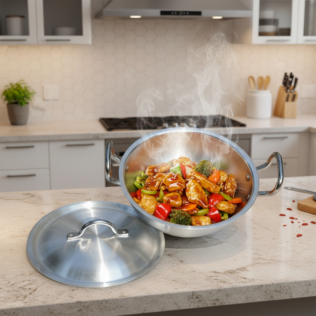 Aluminum Wok / Karahi With Lid And Stylish Handles - 28 cm