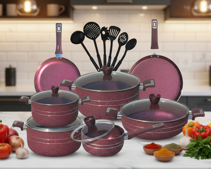 best quality nonstick marble coating gift set 18 pcs at best price - maroon color by cooknex cookware
