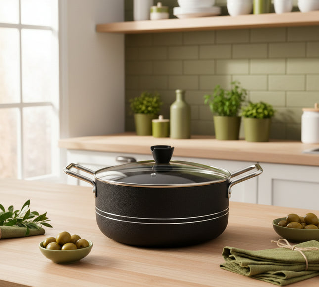 nonstick cooking pot black colour with stylish glass lid and knob at low price by - cooknex