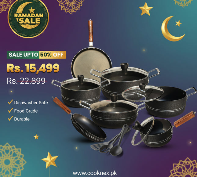 nonstick cookware set complete kitchen set with stylish glass lid and knobs including sauce pan, frying pan, casserole, cooking pot, pizza pan and spoons at affordable price from best cookware brand in Pakistan - cooknex