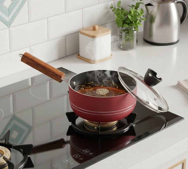 Premium quality nonstick cookware set gift set with glass lid at best price in Pakistan by cooknex with strong grip wooden handle in red color 