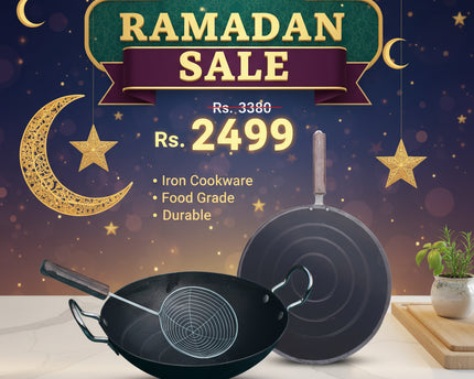 iron wok / karahi and tawa and frying strainer, best ramadan deal offer from Pakistan best cookware brand - cooknex