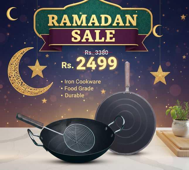 iron wok / karahi and tawa and frying strainer, best ramadan deal offer from Pakistan best cookware brand - cooknex
