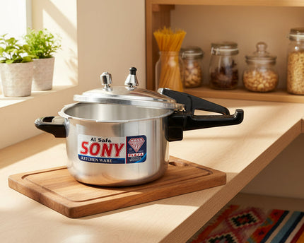 Silver pressure cooker with black handles on a white background, featuring the Sony brand online buy from cooknex.pk with free shipping