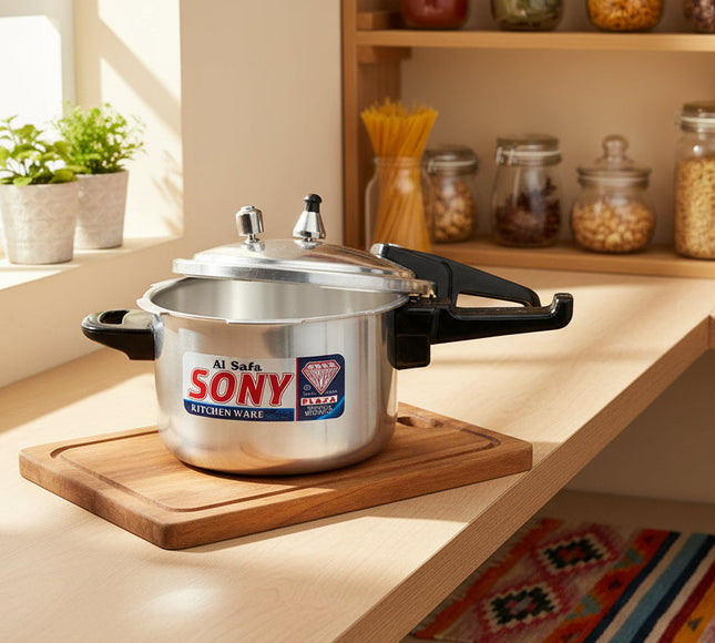 Silver pressure cooker with black handles on a white background, featuring the Sony brand online buy from cooknex.pk with free shipping