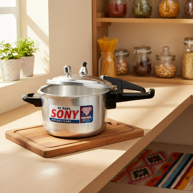 Silver pressure cooker with black handles on a white background, featuring the Sony brand online buy from cooknex.pk with free shipping