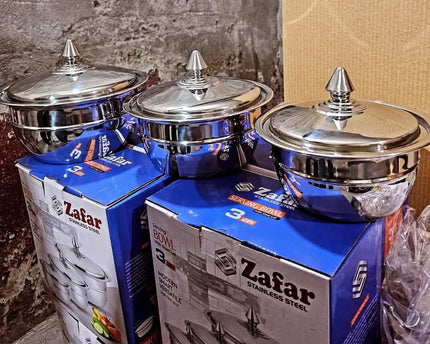Zafar Stainless Steel 3 Pcs Serving Bowl Set With Steel Lid by cooknex