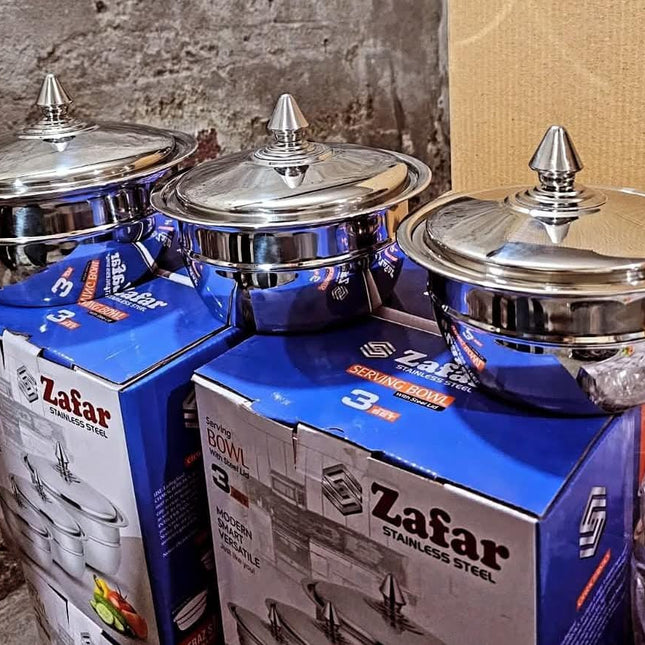 Zafar Stainless Steel 3 Pcs Serving Bowl Set With Steel Lid by cooknex